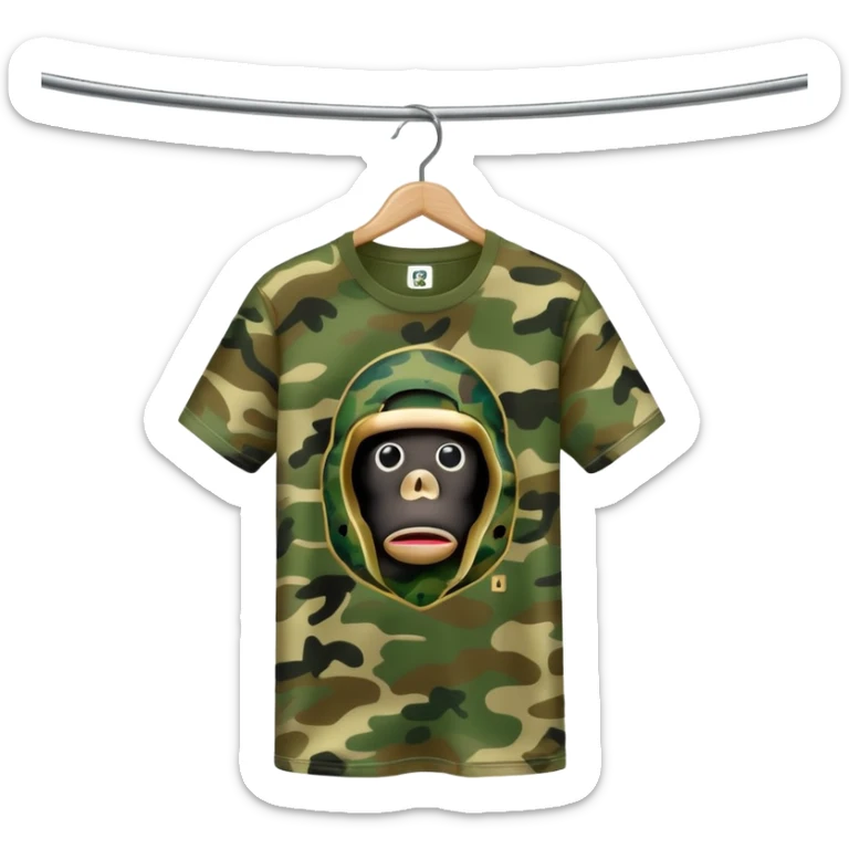 high quality emoji of a BAPE T-shirt on a hanger displaying classic green camouflage and BAPE ape head emblem, polished modern look sticker