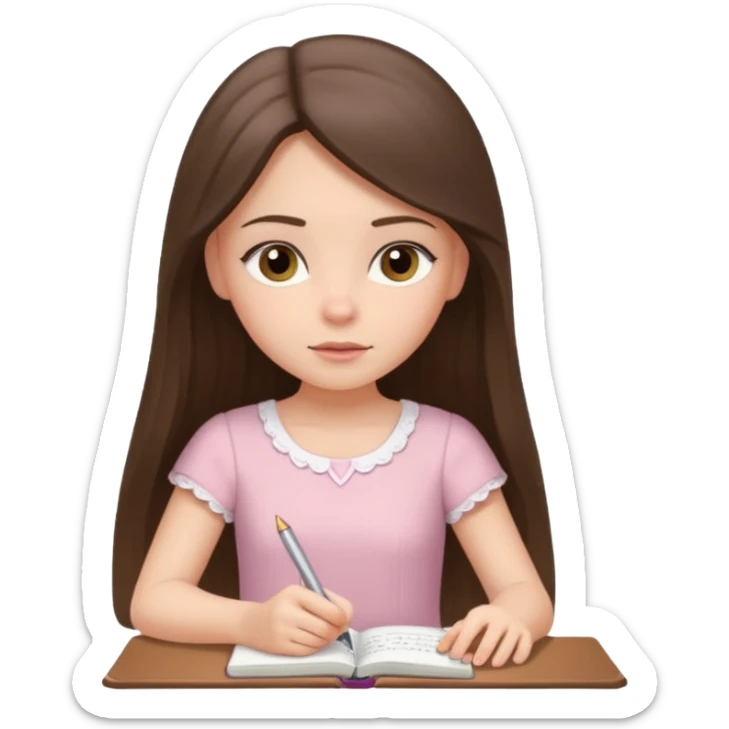 white brunette girl long hair with hazel eyes in a light pink dress writing in a notebook sticker
