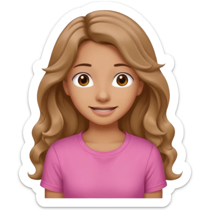 A pretty girl with tan skin and long wavy hair, wearing a pink basic shirt with brown eyes and a closed mouth smile sticker