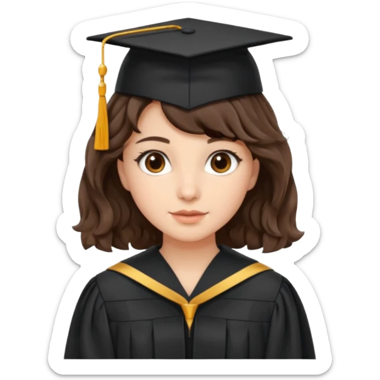 not so dark, short very wavy hair, brown eyes, Brunette with graduation sticker