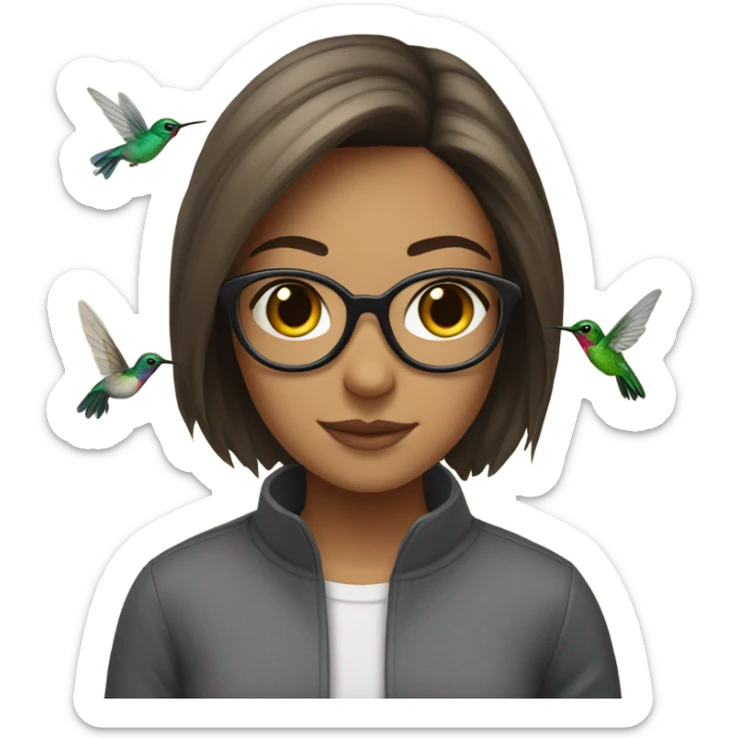 Girl, brunette, with short hair, wearing glasses with a hummingbird next to her sticker
