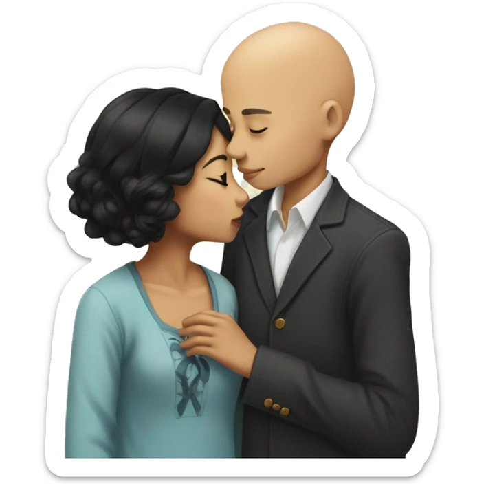 Young Bald black boy kissing young Asian girl with long black hair  sticker