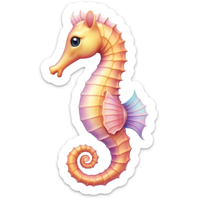 Cinematic Cute Sea Horse Portrait Emoji, Head tilted playfully and inquisitively, featuring a charming, petite seahorse with a softly curved body in pastel tones, a delicately coiled tail and round, sparkling eyes full of gentle wonder, Simplified yet irresistibly adorable features, highly detailed, glowing with a warm, inviting aquatic glow, high shine, affectionate and lively, stylized with a touch of enchanting marine charm, soft glowing outline, capturing the essence of a mischievous yet loving seahorse that seems as if it could float out of the screen into your arms! sticker