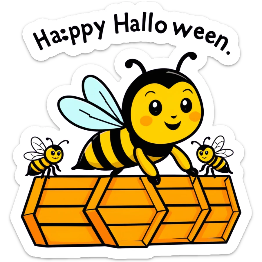 A hive of bees, saying happy Halloween with the queen bee there sticker