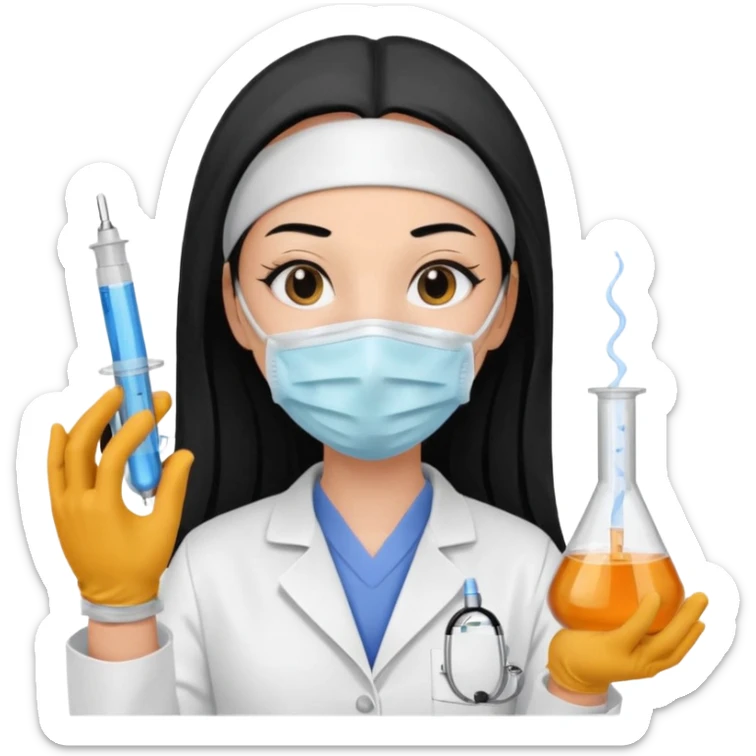laboratorista con guantes  y mascarilla e insumos laboratorio  jeringa tubos  pelo negro largo triguella sticker