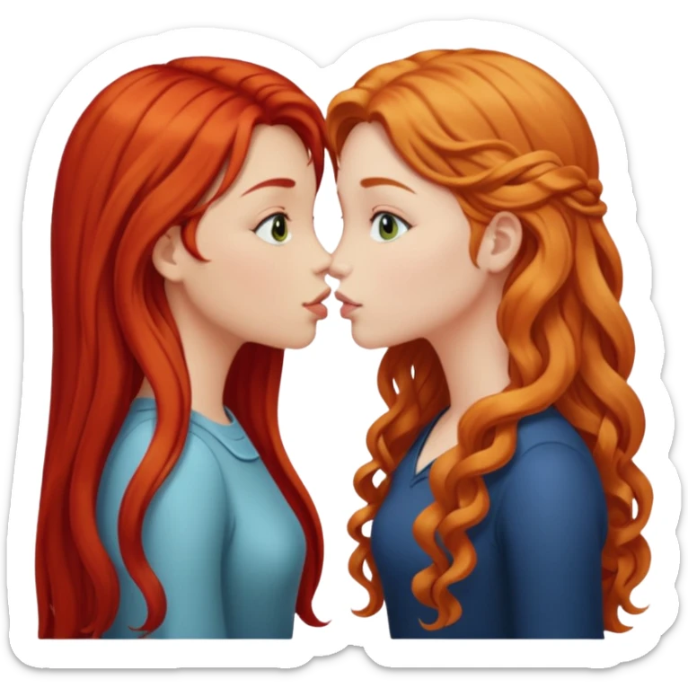 two girls kissing, one with long straight red hair, the other with long curly blonde hair sticker