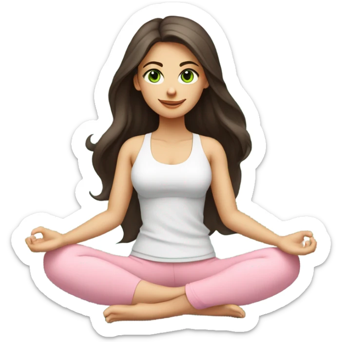 Dark brown long hair and green eyes yoga beautiful girl in light pink pink pink clothes sitting on a yoga mat sticker
