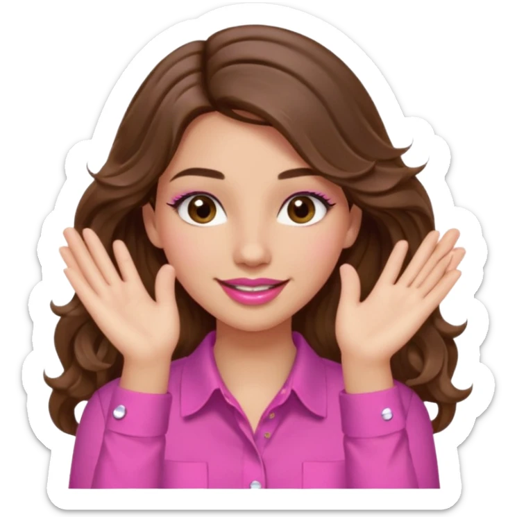 girl with long wavy brown hair, brown eyes, light to medium complexion, in a pink shirt, pink lips, long lashes, puckered lips, both hands in teh air sticker