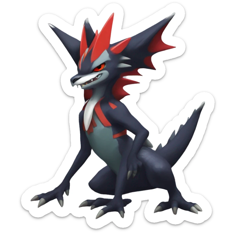 Black Cool Edgy Anthro Noivern-Nargacuga-Silvally-Sergal-Garchomp-Fakémon  with White and Red Edgy markings sticker