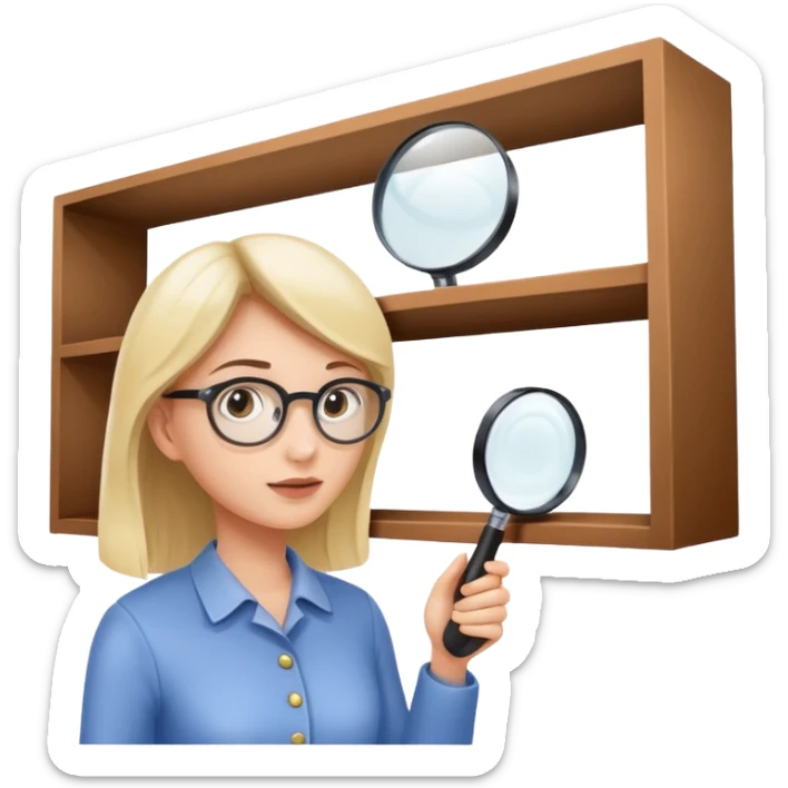 emoji of white empty shelf in perspective view with a woman nearby, she is looking at the shelfs with a magnifying glass sticker