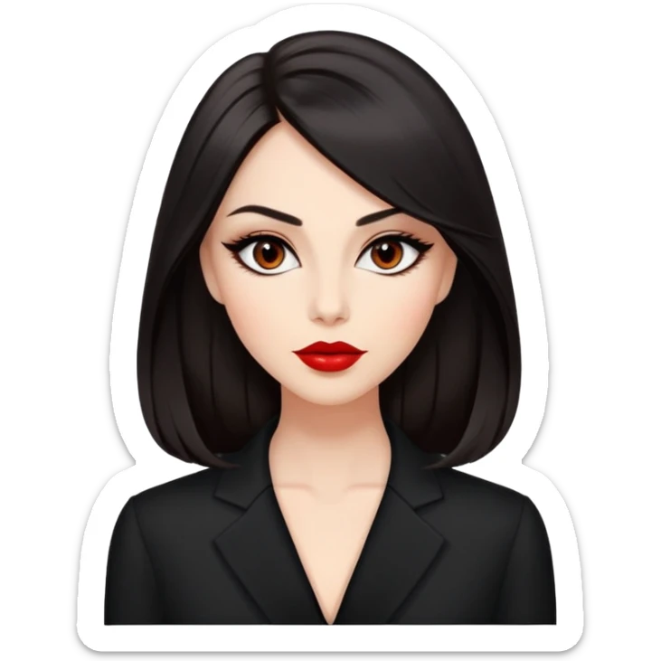 Respected actress with fair glowing skin, voluminous dark straight hair with slight waves at ends, almond eyes with refined eyeliner, defined features, red lips, black elegant outfit, poised professional expression sticker