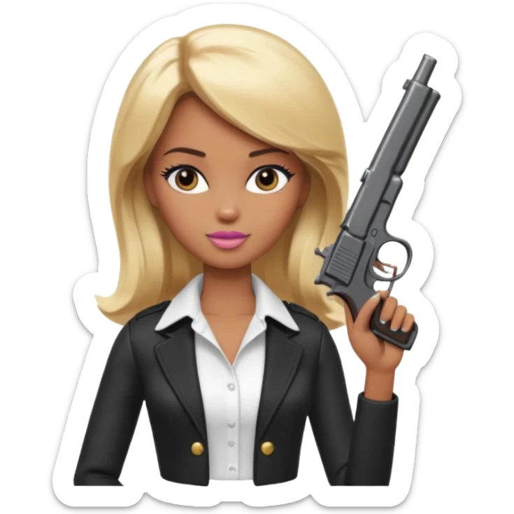 Brown skin blonde hair barbie wearing white shirt holding a black gun sticker