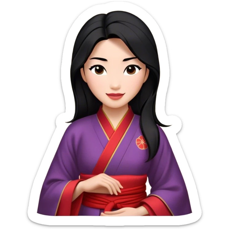 Cinematic Realistic Radiant Mulan Portrait, presenting Mulan with a warm, confident smile and lifelike light-toned skin that appears almost luminous under natural daylight. Her sleek black hair is rendered in meticulous detail, and her traditional robe—accented with understated red highlights—is depicted with realistic fabric textures and folds. The overall image exudes a gentle, inviting glow, high shine, and refined detail that captures her poised elegance and inner resilience in a painterly, authentic style. sticker