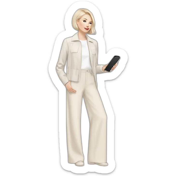 pale skin woman with ash blonde Straightened bob Hair, White Spacious classical jacket, beige palazzo Arrow pants and gray blouse holding white IPhone 14 pro in the hands sticker