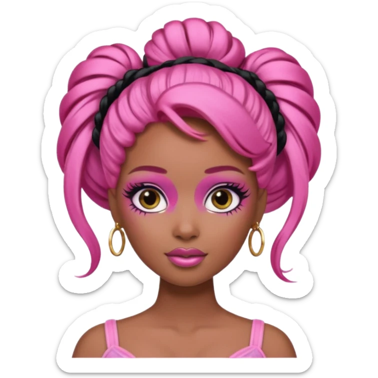 black barbie. updo hair, pink hair, perfect makeup and super pretty sticker