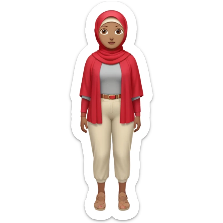 Heavy-set woman with medium-brown skin wearing a light red hijab, cream top, light red pants, tan shoes, and a visible gray below-knee prosthetic leg. Standing confidently with one hand on her hip sticker