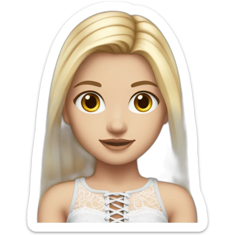 realistic caucasian female, long straight blonde hair, white lace up crop top, grey mini skirt, body view sticker