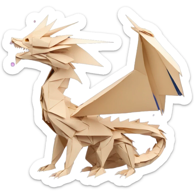 Beige Origami dragon made of newspapers on fire, surrounded by fairy lights nebula galaxy stars swirls iridescent covered in dried flowers bokeh library sticker