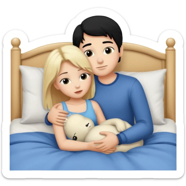 Blonde hair girl black hair boy. Cuddle n kissin in bed sticker