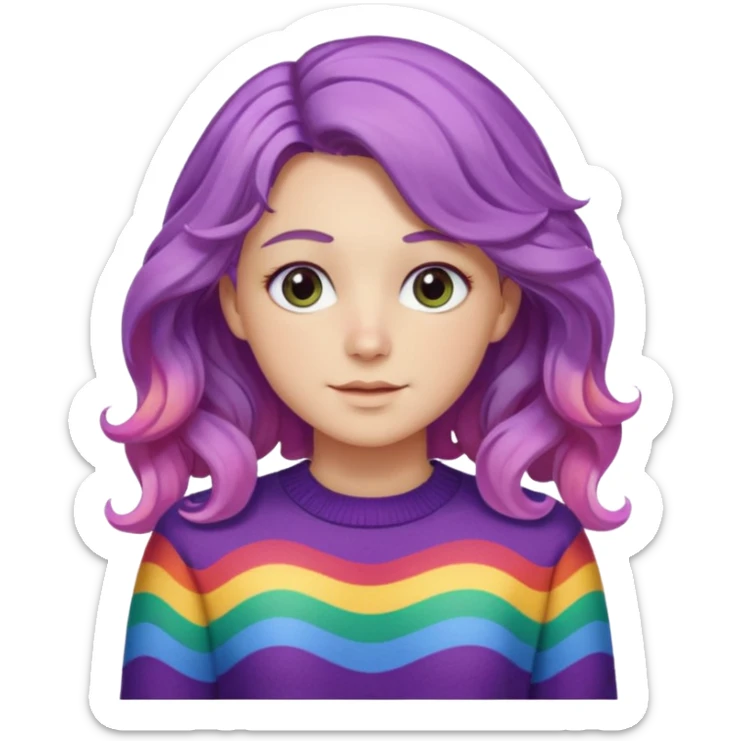 Lila renkli dalgalı saç beyaz tenrengi hafif çekik gözlü uzun kollu gökkuşağı swit sticker