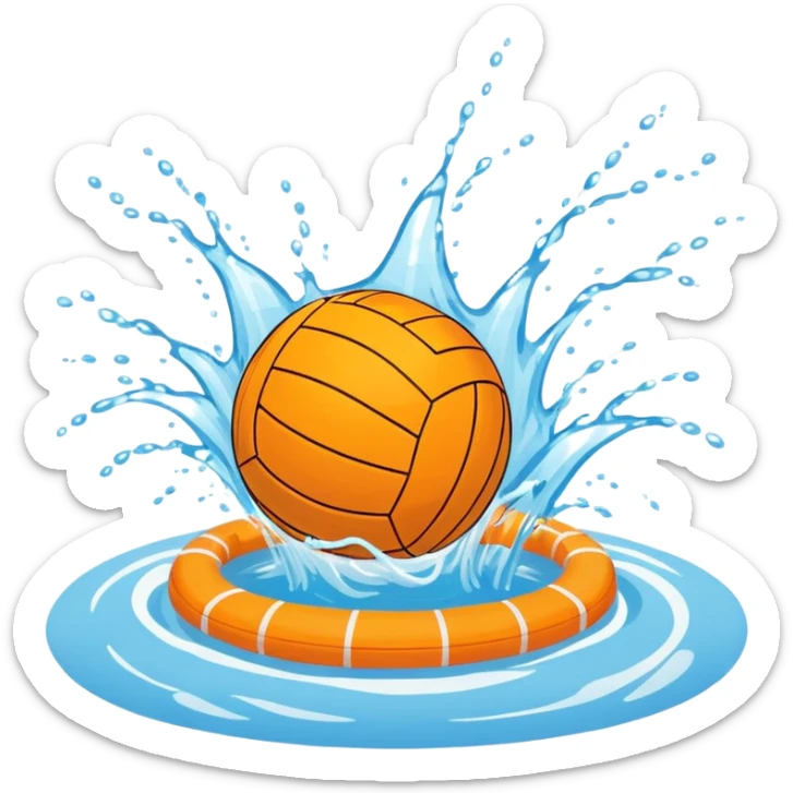An icon showing a water polo ball floating on the surface of a pool, with a goal frame in the background, and water splashing around. The design captures the intensity of the game with visible ripples on the water. Transparent background highlights the excitement of water polo. sticker