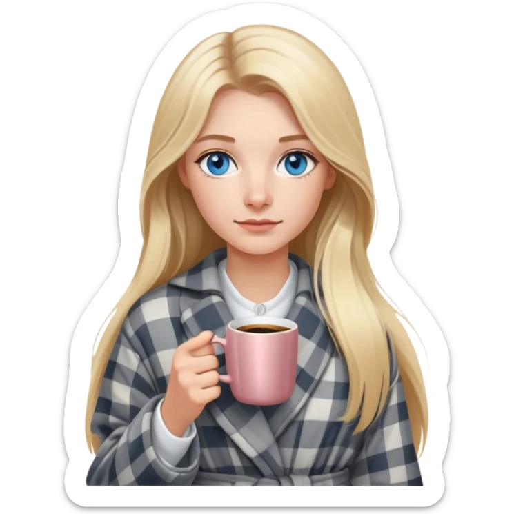 girl
blue eyes
long blond hair
wearing grey plaid housecoat
holding a white mug of coffee
wearing rose gold apple watch  sticker