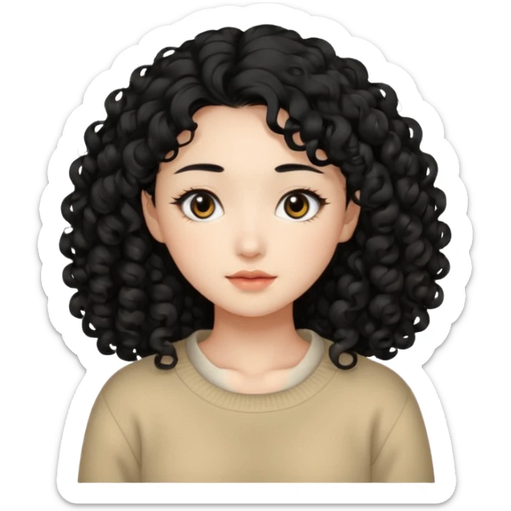 Beautiful girl,Black hair, curly long hair,Black eyes,Chinese, beige sweater  sticker