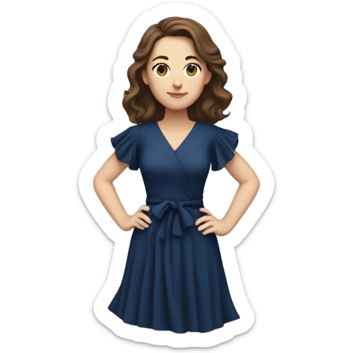 White girl with brown hair dark blue ruffle sleeve wrap dress full body hands on hips sticker