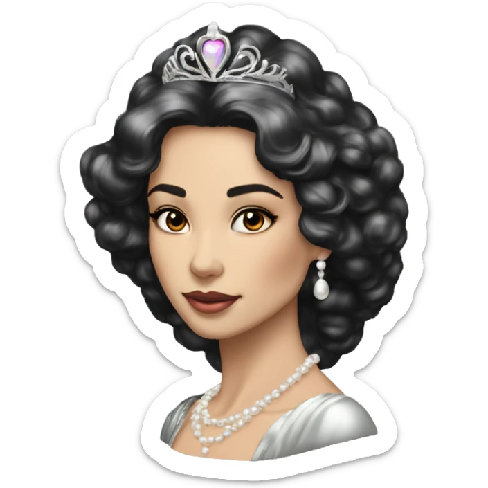 Regal pretty woman cheekbones crown vintage with very long iridescent black and silver hair wavy black hair pearl crown iridescent sticker