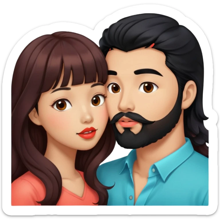 handsome asian man with black hair and beard, kissing cute tan skin woman with long wavy reddish brown hair with bangs and coral lipstick sticker