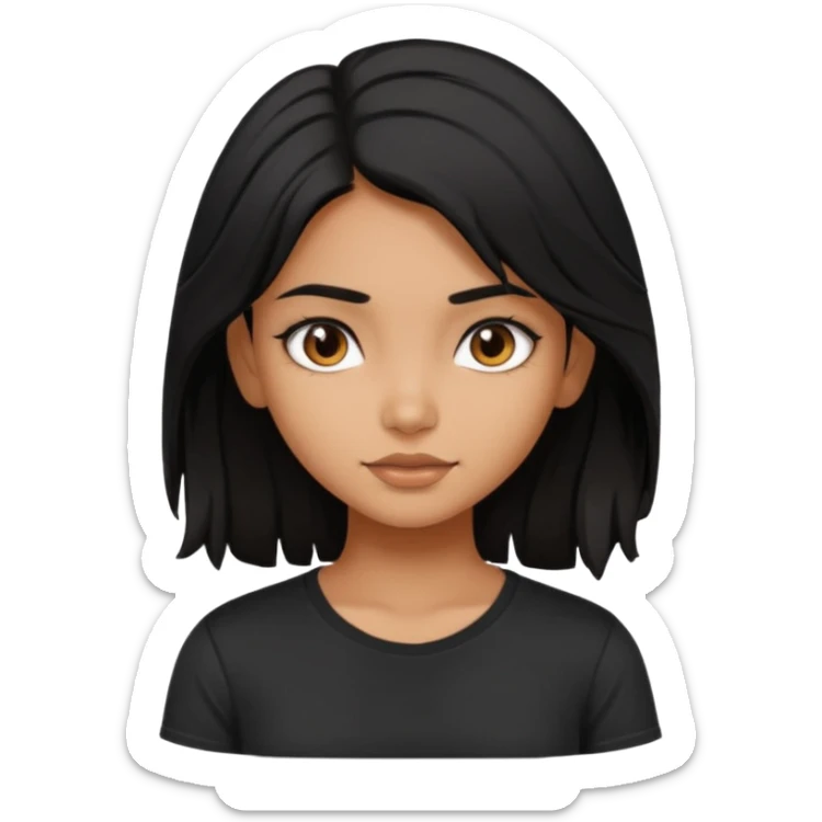 a pretty tan indian bratz girl with messy dark black hair, wearing a black tee. sticker