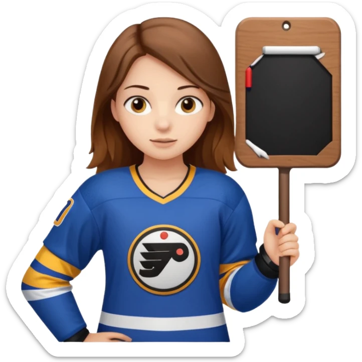 Girl sharks hockey fan with brown long hair holding a large blank sign sticker