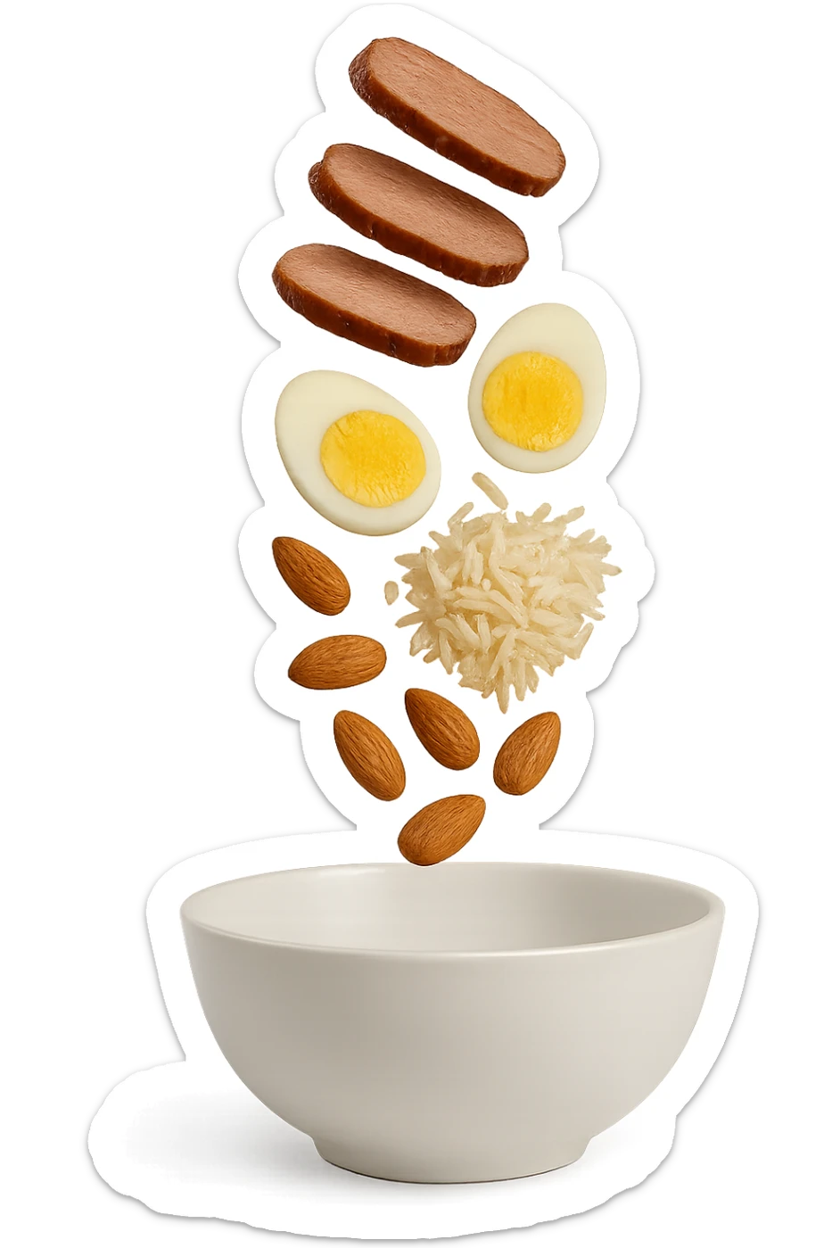 bowl bianca in cui cadono verticalmente fettine di carne, uova sode, mandorle e riso basmati sticker