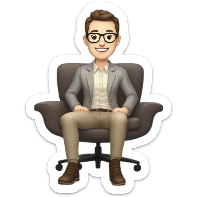 Joyful Celebrating victory Pale skinned Fit Man With dark brown hair in gray jacket, beige office shirt, Brown pants and vintage glasses sitting In a soft chair sticker