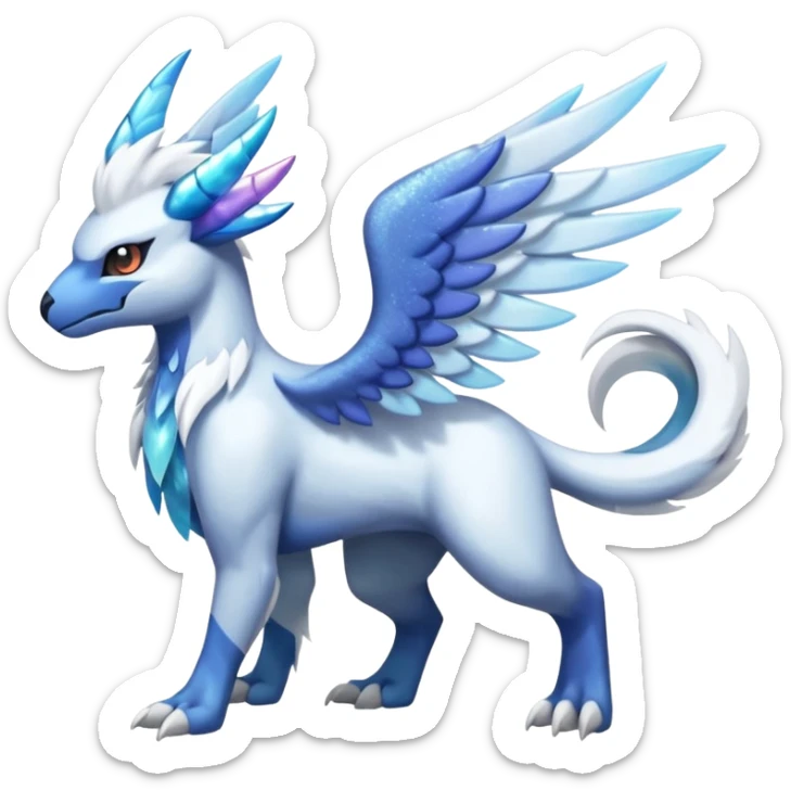 Icy Arctic Frost-Blue Pale-Shimmering Snow-Dusted Majestic Absol-Kyurem-Latios-Nargacuga-Meloetta-Latias-fusion-creature (full body) sticker