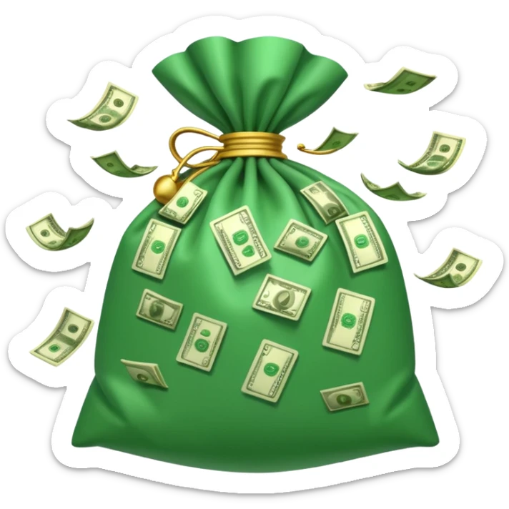 

3D emoji style, big bag of money, flying dollar bills, rich casino vibe, smooth lighting, high detail, clean edges, transparent background



 sticker