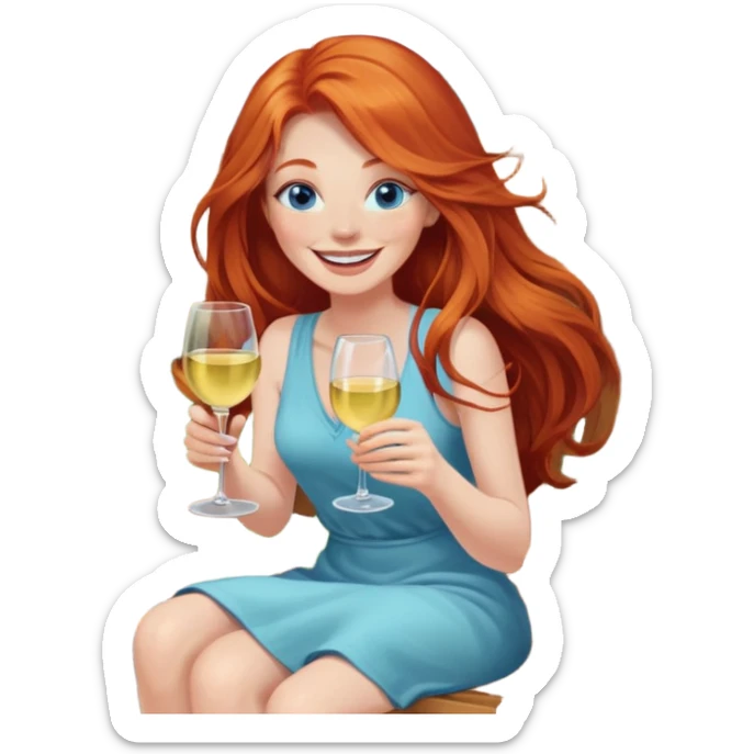 Laughing redhead with long hair and blue eyes holding white wine sitting in chair beside fire pit in backyard sticker