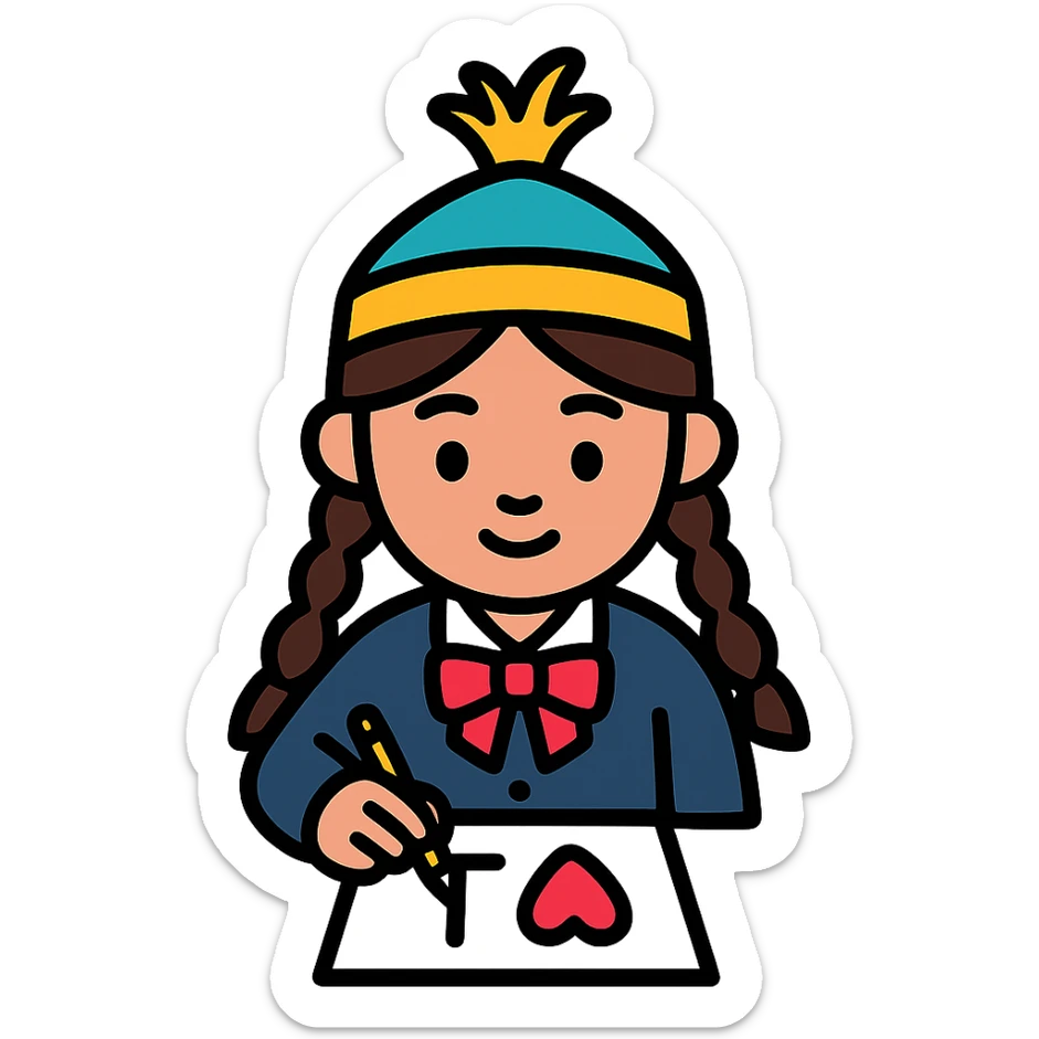 Kazakh girl in Korean foreign school uniform, drawing the letter T with a heart on a sheet of paper sticker