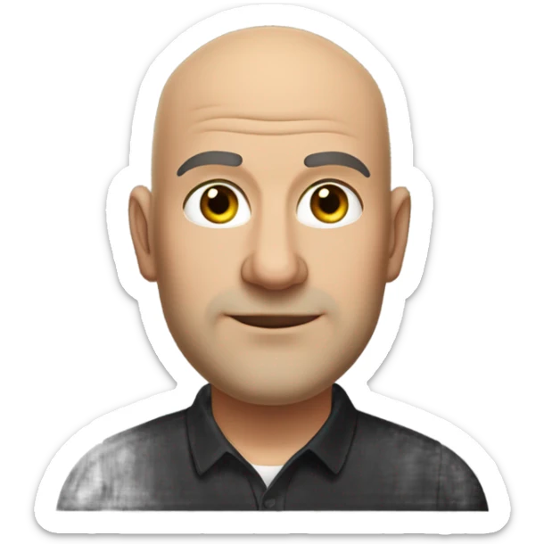 A slightly overweight middle-aged Italian man with olive-toned skin with bald hair and no facial hair. He is wearing a sleek black smart shirt, casually unbuttoned at the top. sticker