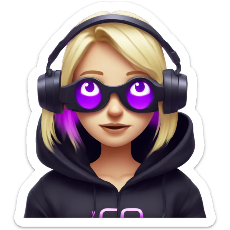 Russian cute blond student girl wearing black hoody with violet letters "OMG", in vr headset. No eyes. Cyberpunk style. Violet neon. sticker