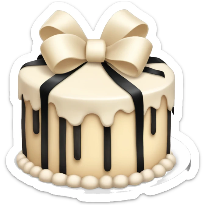 A cream-colored cake with piped frosting swirls, and black ribbon bows on a transparent background. sticker