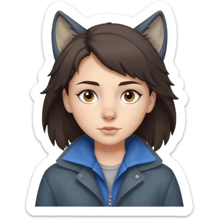 Hobo tomboy with dark brown hair in a wolf cut style, brown eyes, dirty dark grey coat, blue-grey shirt. sticker