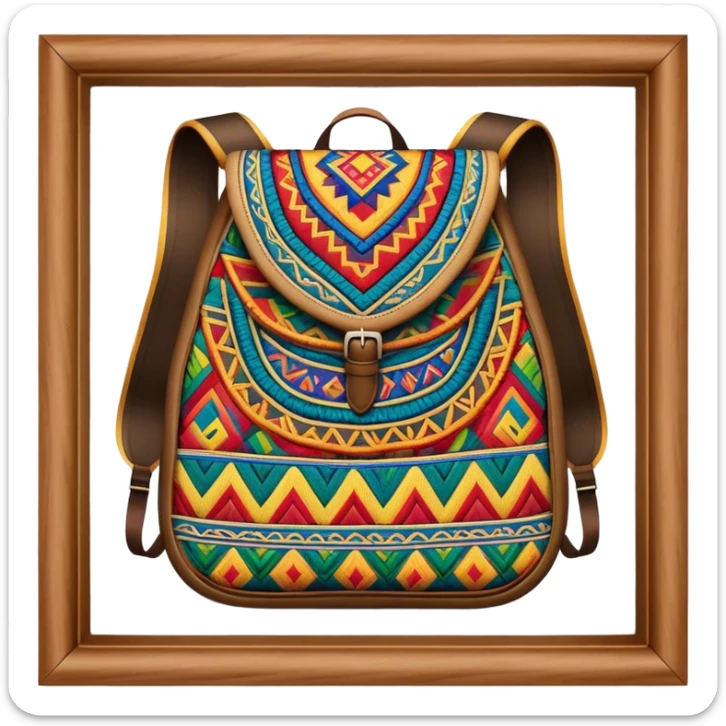 Cinematic Realistic image of a traditional Colombian mochila, rendered with detailed woven textures and vibrant patterns, set against a rustic backdrop with soft, cultural lighting sticker