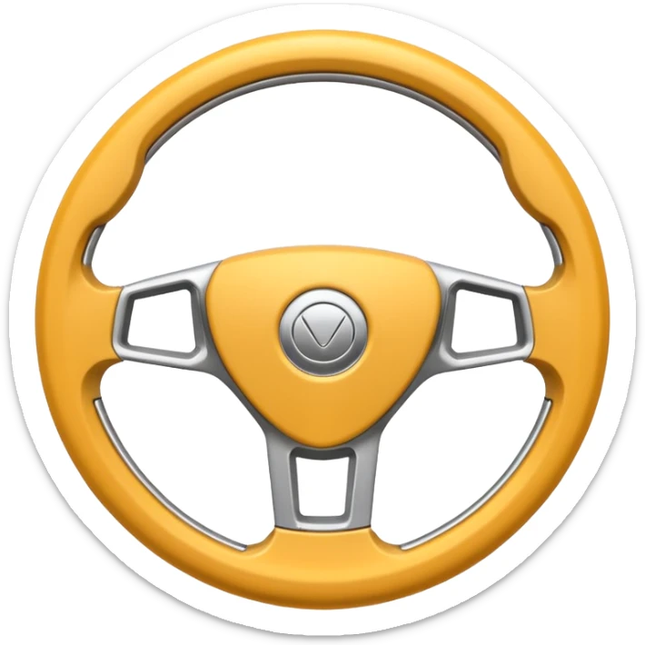 A futuristic steering wheel emoji made of silver chrome, minimal geometric design, smooth metallic surface, soft reflections, iOS emoji style, centered, clean white background sticker