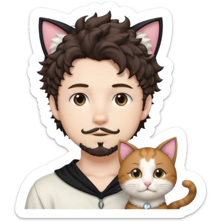 white boy with cat tail with goatee hair and cat ears with dark brown hair and anime features woth curly hair  sticker