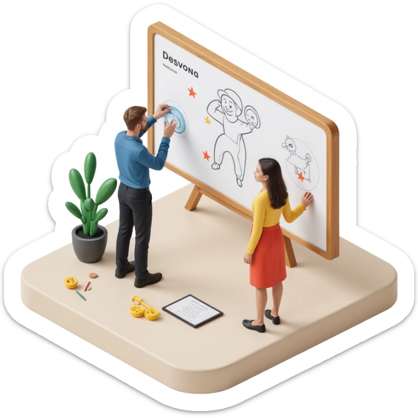 designers collaborating and drawing on a whiteboard, skeuomorphism style sticker