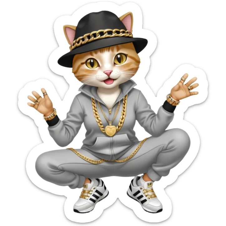 female cat wearing Run DMC hip-hop outfit with tracksuit, fedora, Adidas sneakers, many gold chains, rings, bracelets, flashy earrings, laughing and looking up, no sunglasses sticker