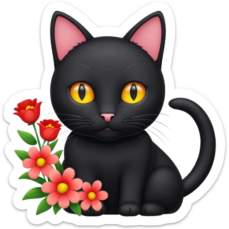 color outline icon of a black cat with flowers sticker