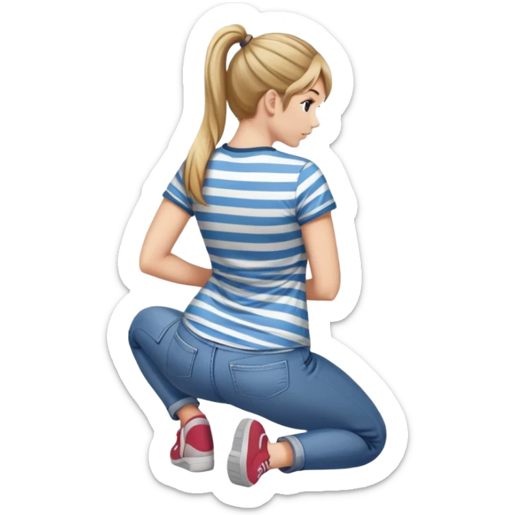 young woman with ponytail wearing jeans and striped t-shirt kneeling viewed from behind sticker