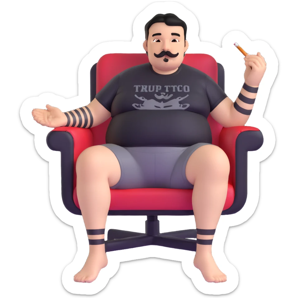 Big man relaxing in chair, legs spread wide, holding cigarette, round face, short black hair (not bald), short beard and mustache, black t-shirt with light stripes at top, exposed belly, black shorts, arms covered in black graphic tattoos with patterns visible on forearms and shoulders sticker